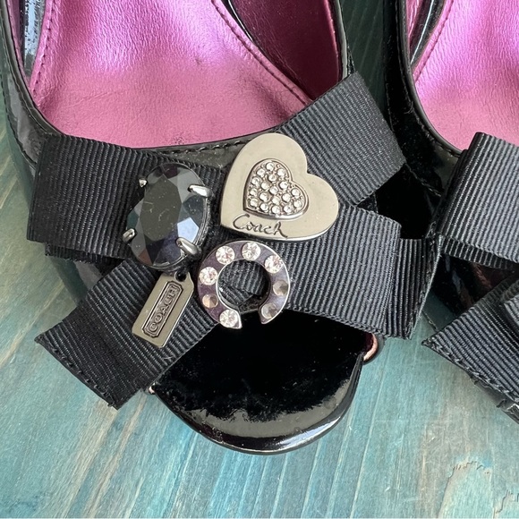 Coach Black Patent Wedge Heels Size 6 | Bow Charm Peep Toe Shoes - Picture 4 of 16